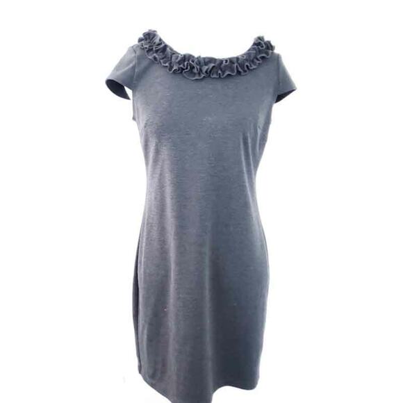 En Focus Dress Gray, Ruffle Trim Neckline Size 4P Petite, Short Sleeve Career - Picture 1 of 6